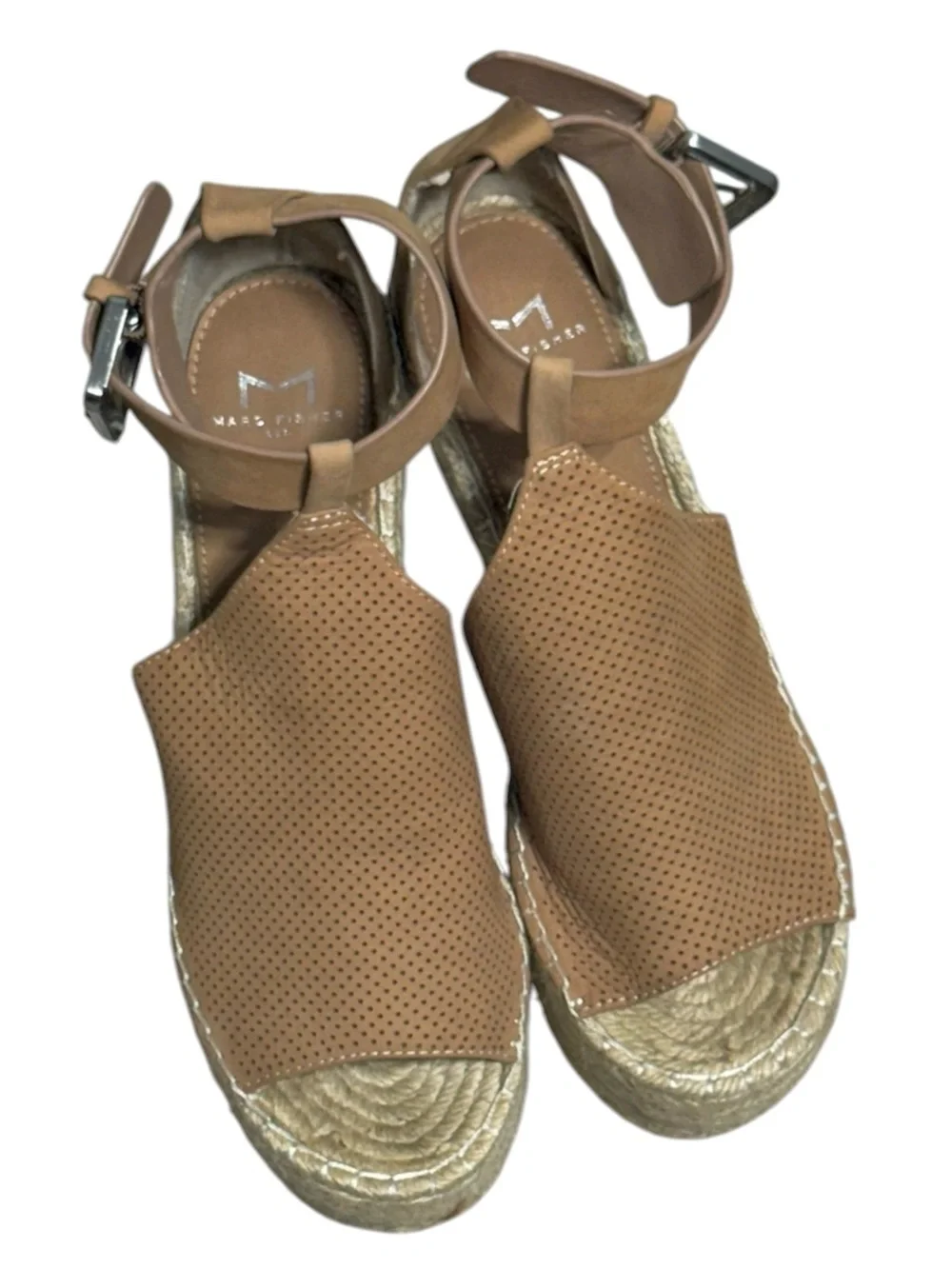 Marc Fisher Mlannie Perforated Leather Espadrille Wedge Sandals Brown Tan Size 7